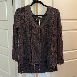 Free People V-Neck Open Cable Knit Charcoal Hi-Low Sweater